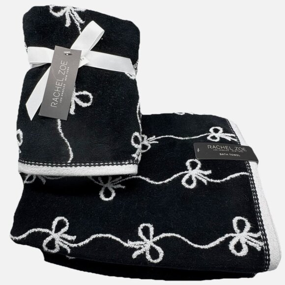 4pc Rachel Zoe Black White Trailing Ribbon Bows 2 Bath 2 Hand Towel Set NEW - Picture 1 of 8